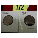 US 1865 AND 1866 TWO CENT PIECES
