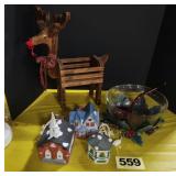 (3) Christmas Houses, Wood Deer, Glass Bowl,