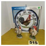 Rooster Thermometer, (2) Ceramic Roosters,
