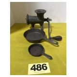 Cast Meat Grinder, (2) Small Fry Pans,