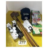 Vintage Wood Golf Clubs, Gloves, Balls, Hat, Gam