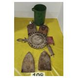 Cast Iron Trivet, Flasks, Cast Iron Parts, etc
