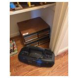 VHS holders and cassette player