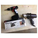 Cordless drill, finishing sander and hair dryer