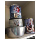 Large metal tins and bowl