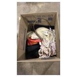 TOTE OF ASST LINENS, SCARVES, DESK LAMP, ETC