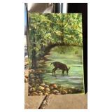 OIL ON BOARD DEER DRINKING FROM STREAM