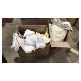 2 BOXES OF CHARGERS, PLACE MATS, LINENS ETC