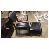 UPHOLSTERED WOOD & LEATHER ARM CHAIR & OTTOMAN
