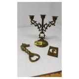 BRASS CANDLESTICK HOLDER, BOTTLE OPENER & 'G'