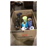 BOX OF ASST. VASES AND HOUSEHOLD DECOR