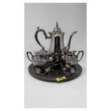 SILVERPLATE TEA SET AND TRAY: SUGAR, CREAMER, POT