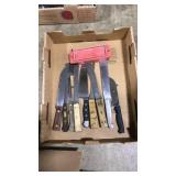 FLAT OF ASST KITCHEN KNIVES W/ SHARPENING STONE
