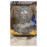 ETCHED GLASS PUNCH BOWL AND CUPS