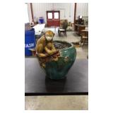 VNTG. GREEN GLAZED CERAMIC PLANTER W/MONKEY