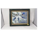 FRANKIE PARDOE OIL ON BOARD BLUE JAYS IN SNOW