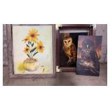 2 OIL ON BOARD OWL PORTRAITS & 1 STILL LIFE