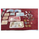 TRAY OF ASST. FOREIGN COINS & PAPER CURRENCY