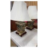 PAIR OF POLY CHROME DECORATED URN TABLE LAMPS