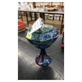 CARNIVAL GLASS LIDDED PEDESTAL CANDY DISH