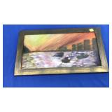 FRAMED OIL ON PANEL BOATS IN RIVER