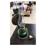 PAIR OF GREEN GLASS OIL LAMPS W/ PLATES