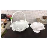 MILK GLASS HOBNAIL RUFFLE EDGE BASKET & CANDY DISH