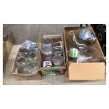 3 BOXES OF ASST. GLASS STORAGE JARS AND MISC