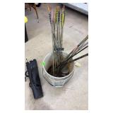 BUCKET OF ASST. ARROWS AND QUIVER