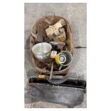 BASKET OF ASST HARDWARE, TOOLS & ANTIQUE DR BAG
