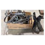 WOOD CRATE W/ ASST HORSE BITS, BRIDALS, ETC