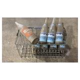 WIRE BASKET W/ ANTIQUE GLASS BOTTLES SODA