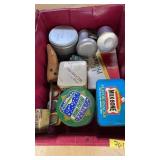 CRATE OF ASST VINTAGE TINS & ETC