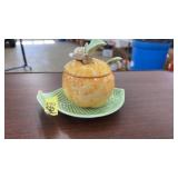 FITZ & FLOYD PEACH SUGAR BOWL ON LEAF PLATE