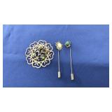 2 STERLING HAT PINS, & STERLING PIN