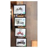 4 PC ANTIQUE VEHICLE PRINTS ON IRON STAND