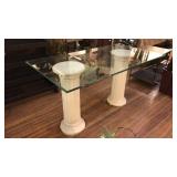 2 COLUMN GLASS TOP TABLE