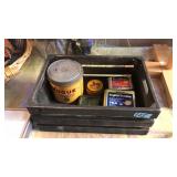 SMALL CRATE W/ VINTAGE TINS & ETC