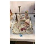 FRENCH PROVENTIAL TRAY, 2 GLASS BELLS, S&P