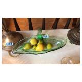 GREEN GLASS FRUIT BOWL W/ FAUX FRUIT DISPLAY