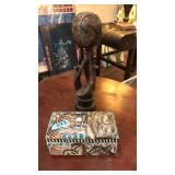 PAINTED CERAMIC AFRICAIN JEWEL BOX & WOOD CARVED U