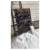 ANTQ. WOOD FRENCH WINEHOLDER W/BLUE BOTTLES