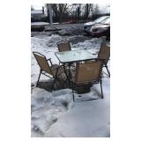 PATIO TABLE WITH INLAID GLASS &4 FOLDING CHAIRS