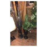2 EWERS W/ FAUX PLANTS, BAMBOO STICKS & OWL