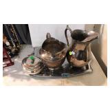 SILVER PLATE TEA TRAY & ASST SERVINGWARE