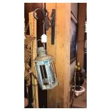 ANTIQUE LANTERN (SOME DAMAGE) ON IRON PLANT HOLDER