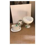 MILK GLASS ELIVATED BOWL, & ASST CHINA