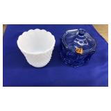 BLUE LIDDED CANDY DISH & MILK GLASS FIRE KING VASE