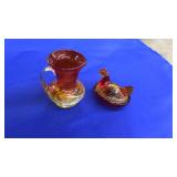 2 PC CRACKLE GLASS: HEN ON NEST AND VASE