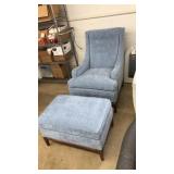BLUE ARM CHAIR WITH OTTOMAN, WOOD FRAME